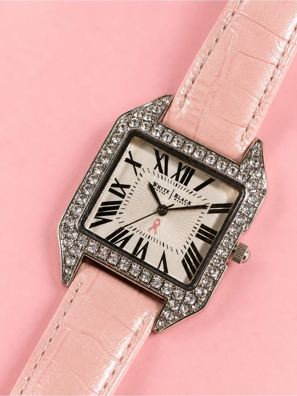 White House Black Market Pink and Silver Breast Cancer Watch with Rhinestones